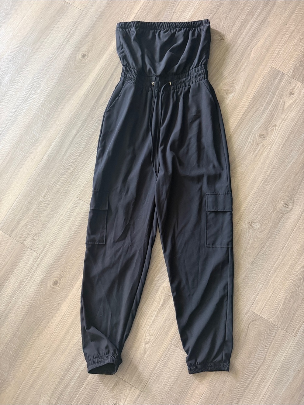 Strapless Black Cargo Jumpsuit with Elastic Waist